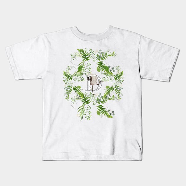 Botanical Monogram D letter with Heron bird detail. Kids T-Shirt by sinemfiit